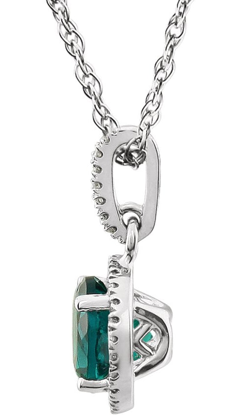 14K Gold Round Lab-Grown Emerald & Natural Diamond Halo-Style Birthstone Necklace – 1/10 CTW - view 2