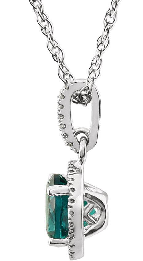 14K Gold Round Lab-Grown Emerald & Natural Diamond Halo-Style Birthstone Necklace – 1/10 CTW - view 2
