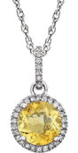 14K Gold Round Natural Citrine & Natural Diamond Halo-Style Birthstone Necklace