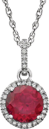 14K Gold Round Lab-Grown Ruby & Natural Diamond Halo-Style Birthstone Necklace