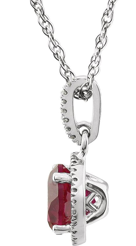 14K Gold Round Lab-Grown Ruby & Natural Diamond Halo-Style Birthstone Necklace - view 2