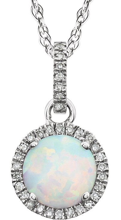14K Gold Round Lab-Grown Opal & Natural Diamond Halo-Style Birthstone Necklace