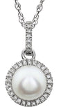14K Gold Pearl Cultured White Freshwater Pearl & Natural Diamond Halo-Style Birthstone Necklace