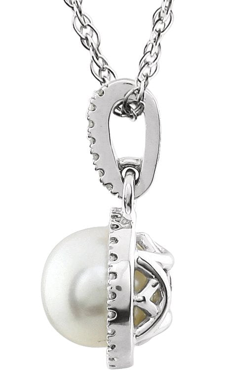 14K Gold Pearl Cultured White Freshwater Pearl & Natural Diamond Halo-Style Birthstone Necklace - view 2