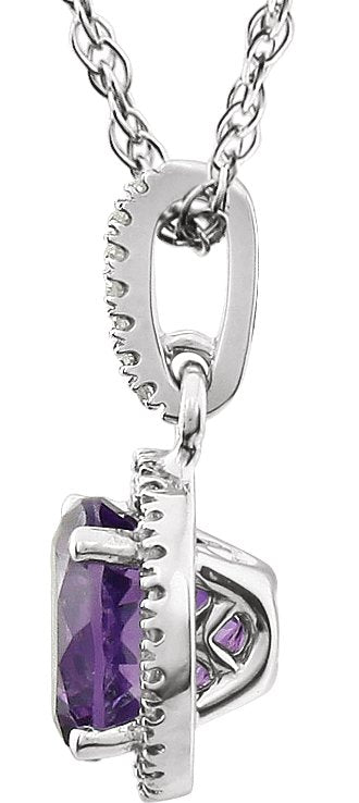 14K Gold Round Natural Amethyst & Natural Diamond Halo-Style Birthstone Necklace - view 2