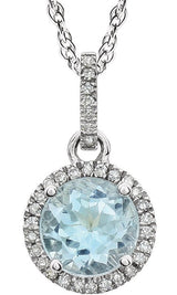 14K Gold Round Natural Sky Blue Topaz & Natural Diamond Halo-Style Birthstone Necklace – 1/10 CTW