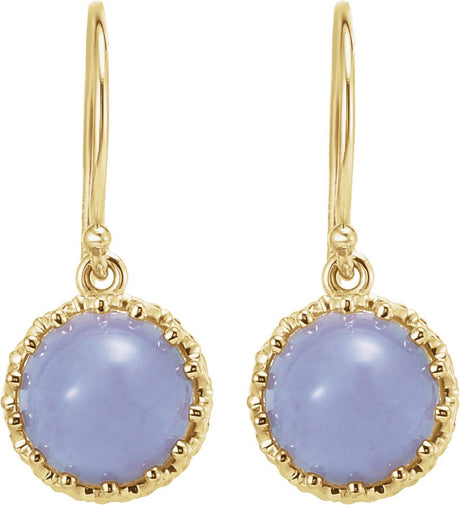 14K Gold Round Natural Blue Chalcedony Cabochon Crown Earrings - view 2