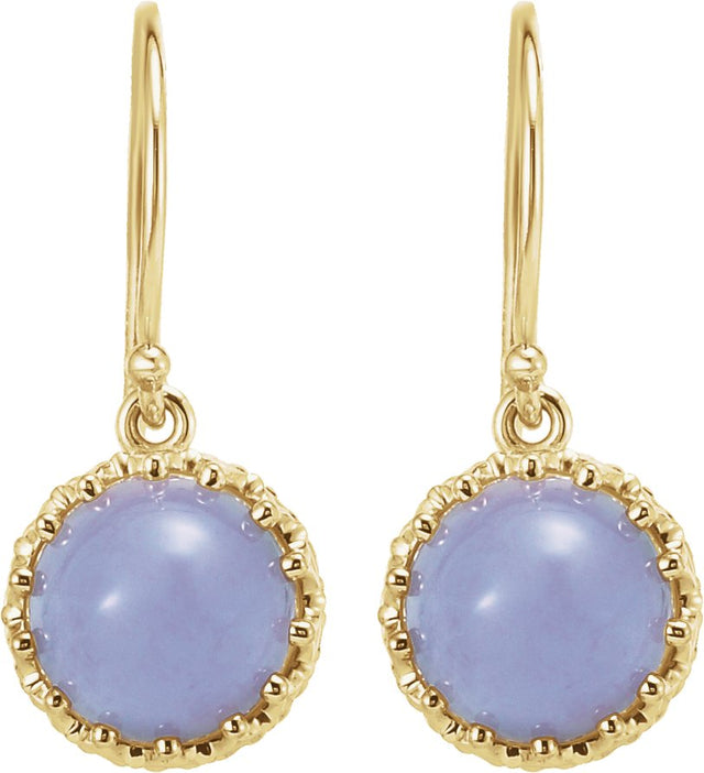 14K Gold Round Natural Blue Chalcedony Cabochon Crown Earrings - view 2