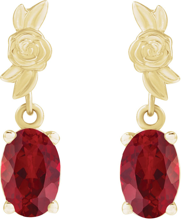 14K Gold Oval Lab-Grown Red Ruby Floral Earrings - Yellow Gold - view 2