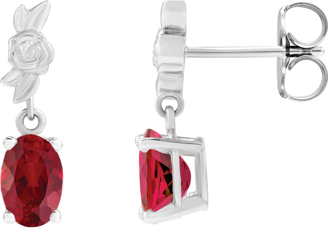 Platinum Oval Lab-Grown Red Ruby Floral Earrings