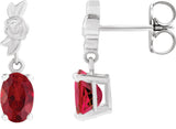 14K Gold Oval Lab-Grown Red Ruby Floral Earrings - White Gold