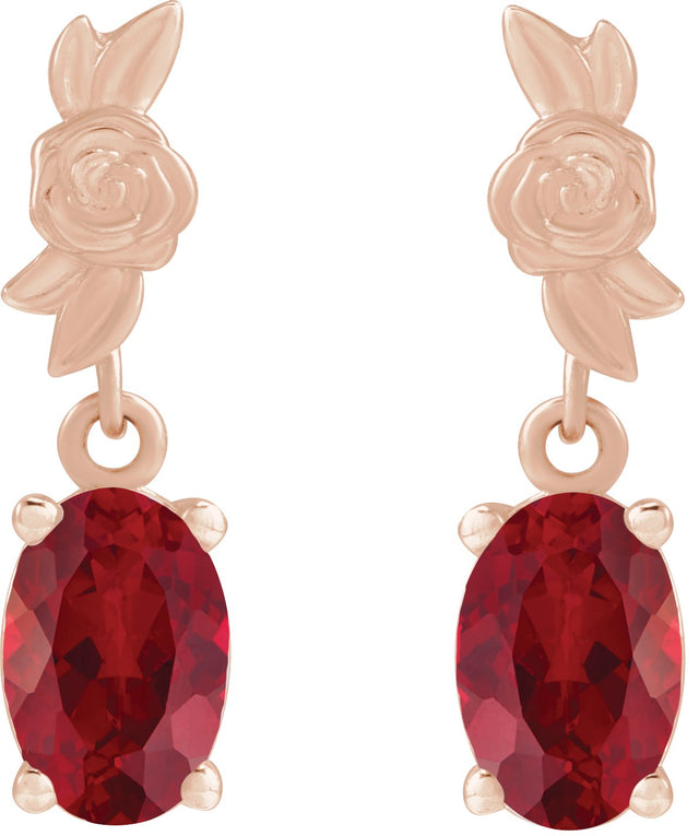 14K Gold Oval Lab-Grown Red Ruby Floral Earrings - Rose Gold - view 2