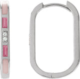 14K Gold Straight Baguette Natural Pink Tourmaline & Natural Diamond Accented Elongated Hoop Earrings - White Gold