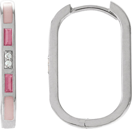 14K Gold Straight Baguette Natural Pink Tourmaline & Natural Diamond Accented Elongated Hoop Earrings - White Gold