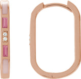 14K Gold Straight Baguette Natural Pink Tourmaline & Natural Diamond Accented Elongated Hoop Earrings - Rose Gold