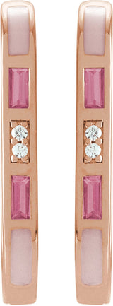 14K Gold Straight Baguette Natural Pink Tourmaline & Natural Diamond Accented Elongated Hoop Earrings - Rose Gold - view 2