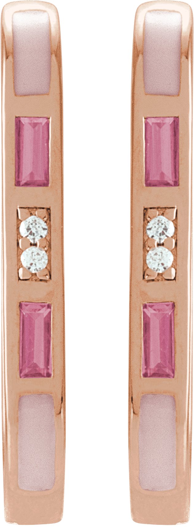 14K Gold Straight Baguette Natural Pink Tourmaline & Natural Diamond Accented Elongated Hoop Earrings - Rose Gold - view 2