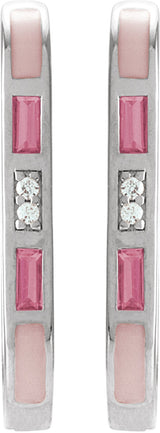 14K Gold Straight Baguette Natural Pink Tourmaline & Natural Diamond Accented Elongated Hoop Earrings - White Gold - view 2