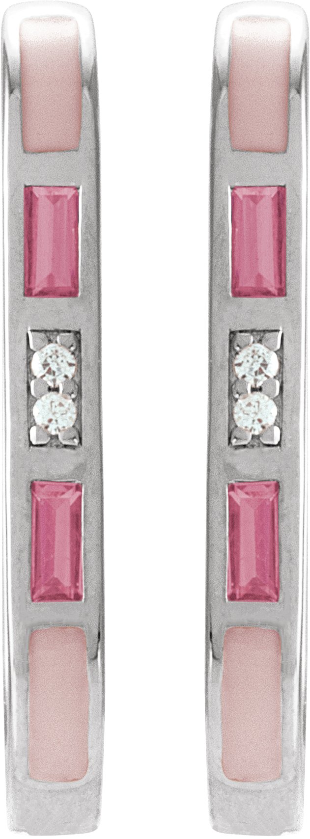 14K Gold Straight Baguette Natural Pink Tourmaline & Natural Diamond Accented Elongated Hoop Earrings - White Gold - view 2