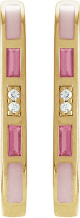14K Gold Straight Baguette Natural Pink Tourmaline & Natural Diamond Accented Elongated Hoop Earrings - Yellow Gold - view 2
