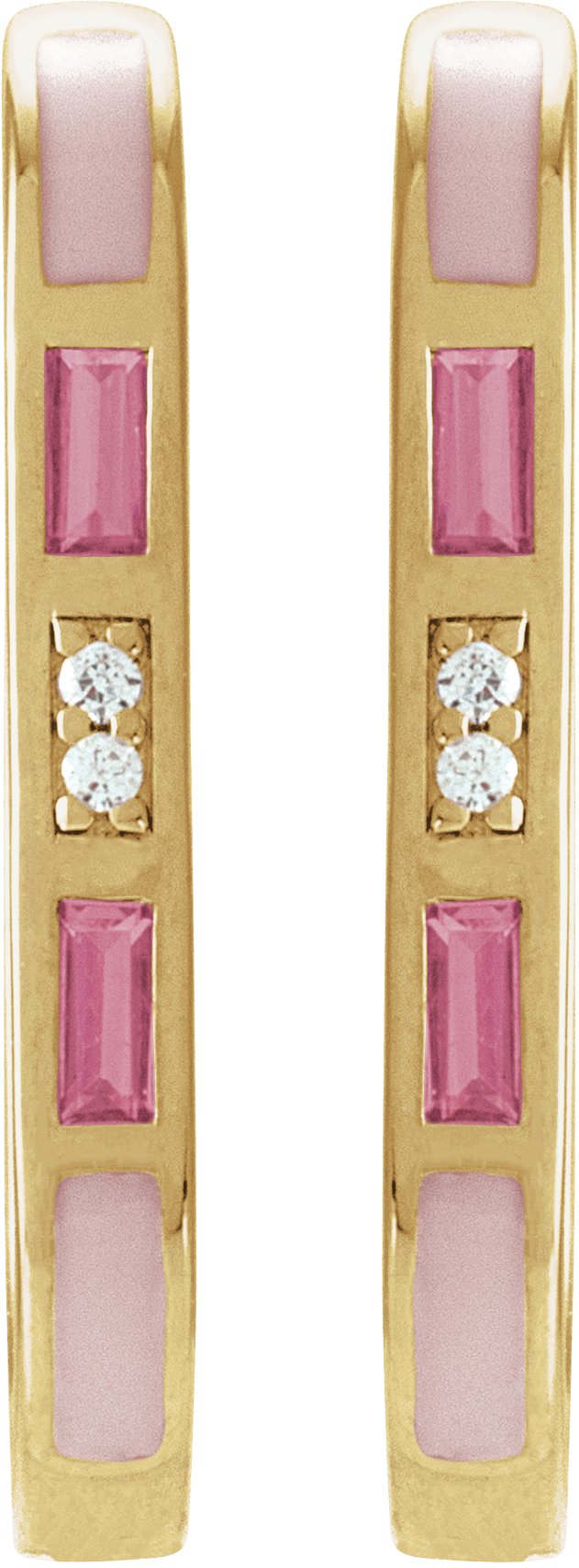 14K Gold Straight Baguette Natural Pink Tourmaline & Natural Diamond Accented Elongated Hoop Earrings - Yellow Gold - view 2