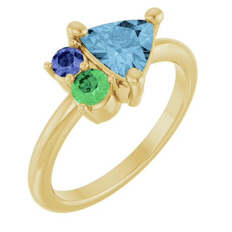 14K Gold Trillion Natural Sky Blue Topaz & Natural Tsavorite Garnet & Natural Tanzanite Cluster Ring - Yellow Gold