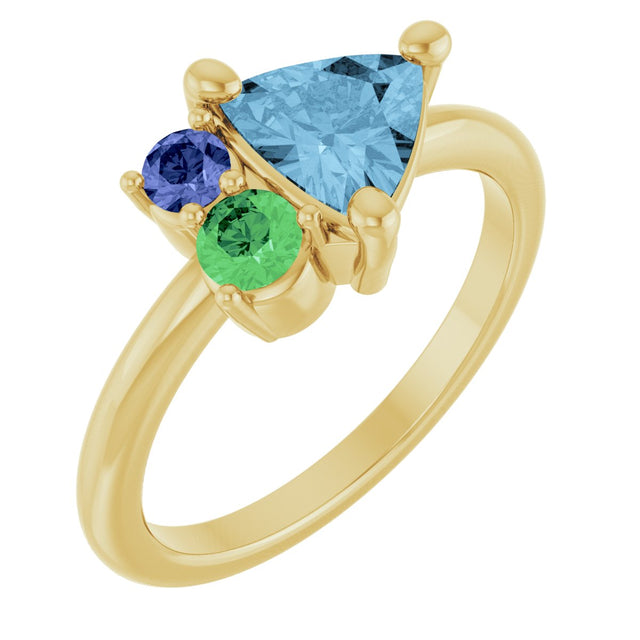 14K Gold Trillion Natural Sky Blue Topaz & Natural Tsavorite Garnet & Natural Tanzanite Cluster Ring - Yellow Gold