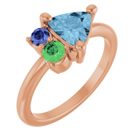 14K Gold Trillion Natural Sky Blue Topaz & Natural Tsavorite Garnet & Natural Tanzanite Cluster Ring - Rose Gold