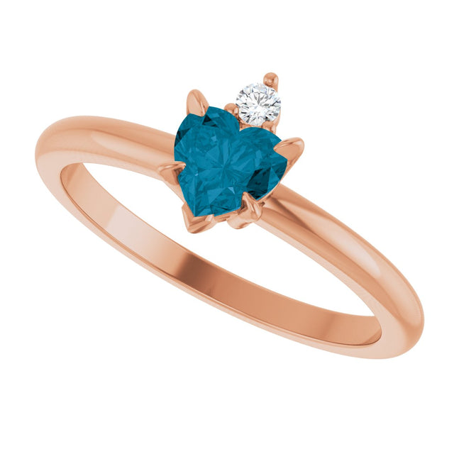 14K Gold Heart Natural London Blue Topaz & Natural Diamond Accented Ring - Rose Gold - view 5