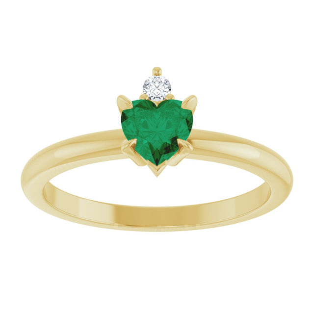 14K Gold Heart Lab-Grown Emerald & Natural Diamond Accented Ring - Yellow Gold - view 4