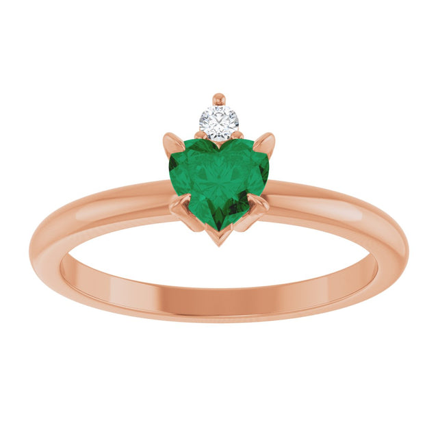 14K Gold Heart Lab-Grown Emerald & Natural Diamond Accented Ring - Rose Gold - view 4