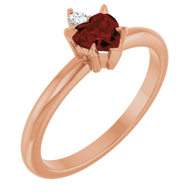 14K Gold Heart Natural Mozambique Garnet & Natural Diamond Accented Ring - Rose Gold