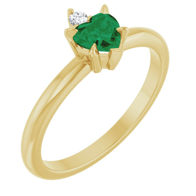 14K Gold Heart Lab-Grown Emerald & Natural Diamond Accented Ring - Yellow Gold