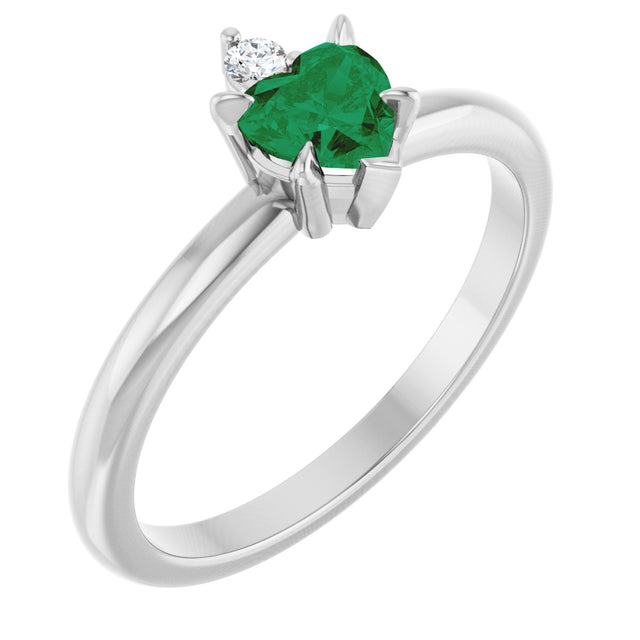 14K Gold Heart Lab-Grown Emerald & Natural Diamond Accented Ring - White Gold