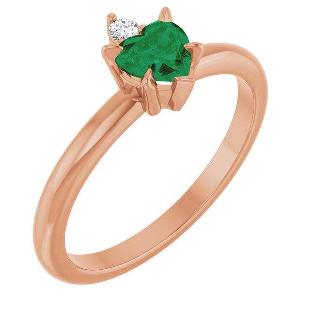 14K Gold Heart Lab-Grown Emerald & Natural Diamond Accented Ring - Rose Gold