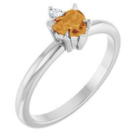 14K Gold Heart Natural Citrine & Natural Diamond Accented Ring - White Gold
