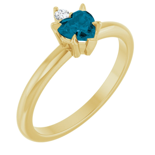 14K Gold Heart Natural London Blue Topaz & Natural Diamond Accented Ring - Yellow Gold