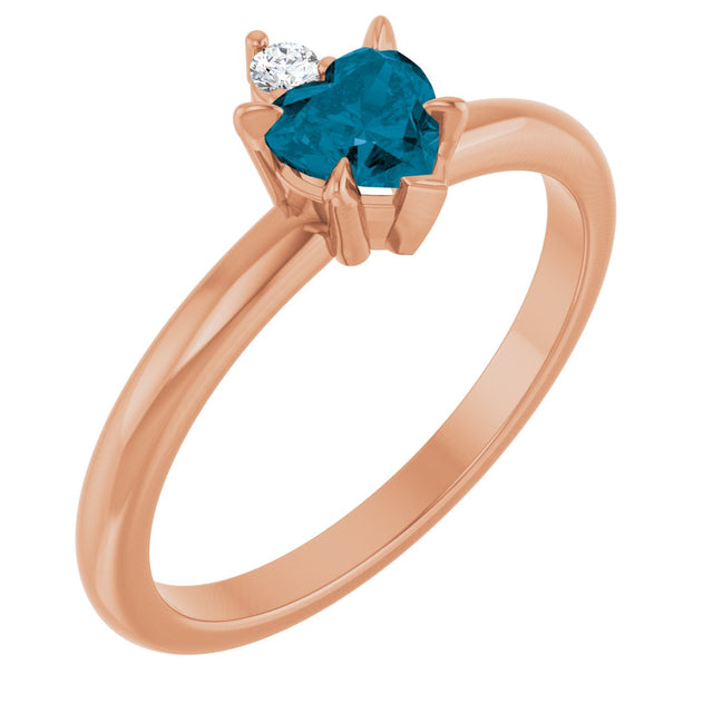 14K Gold Heart Natural London Blue Topaz & Natural Diamond Accented Ring - Rose Gold