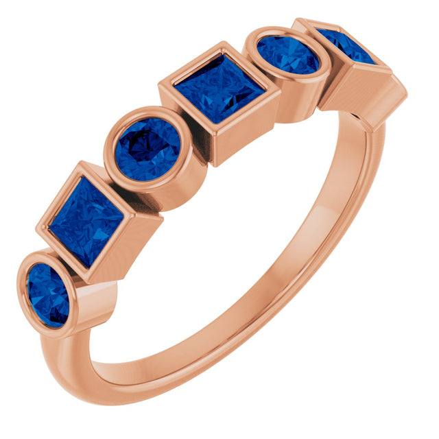 14K Gold Round Lab-Grown Blue Sapphire Bezel-Set Ring – 3mm Stones - Rose Gold