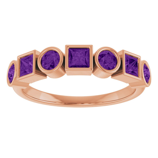 14K Gold Round Natural Amethyst Bezel-Set Ring – 3mm Stones - Rose Gold - view 3
