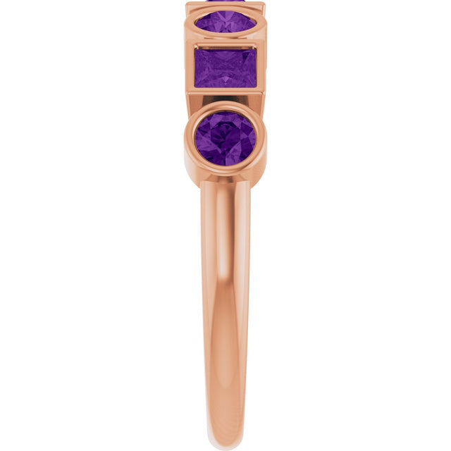14K Gold Round Natural Amethyst Bezel-Set Ring – 3mm Stones - Rose Gold - view 4