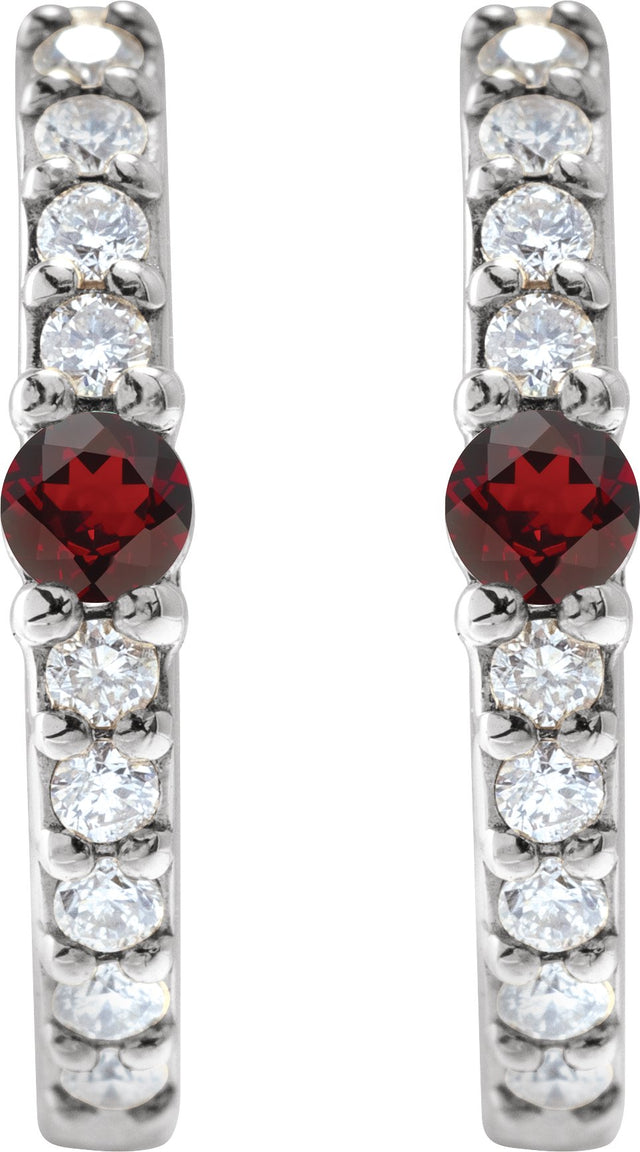 14K Gold Round Natural Mozambique Garnet Accented Hoop Earrings – 2mm Stones - White Gold - view 4