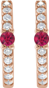 14K Gold Round Natural Ruby Accented Hoop Earrings – 2mm Stones - Rose Gold - view 8