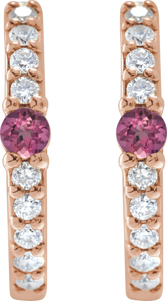 14K Gold Round Natural Pink Tourmaline Accented Hoop Earrings – 2mm Stones - Rose Gold - view 8