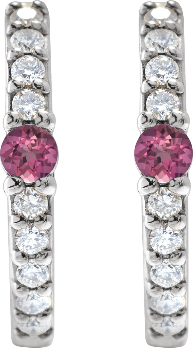 14K Gold Round Natural Pink Tourmaline Accented Hoop Earrings – 2mm Stones - White Gold - view 4