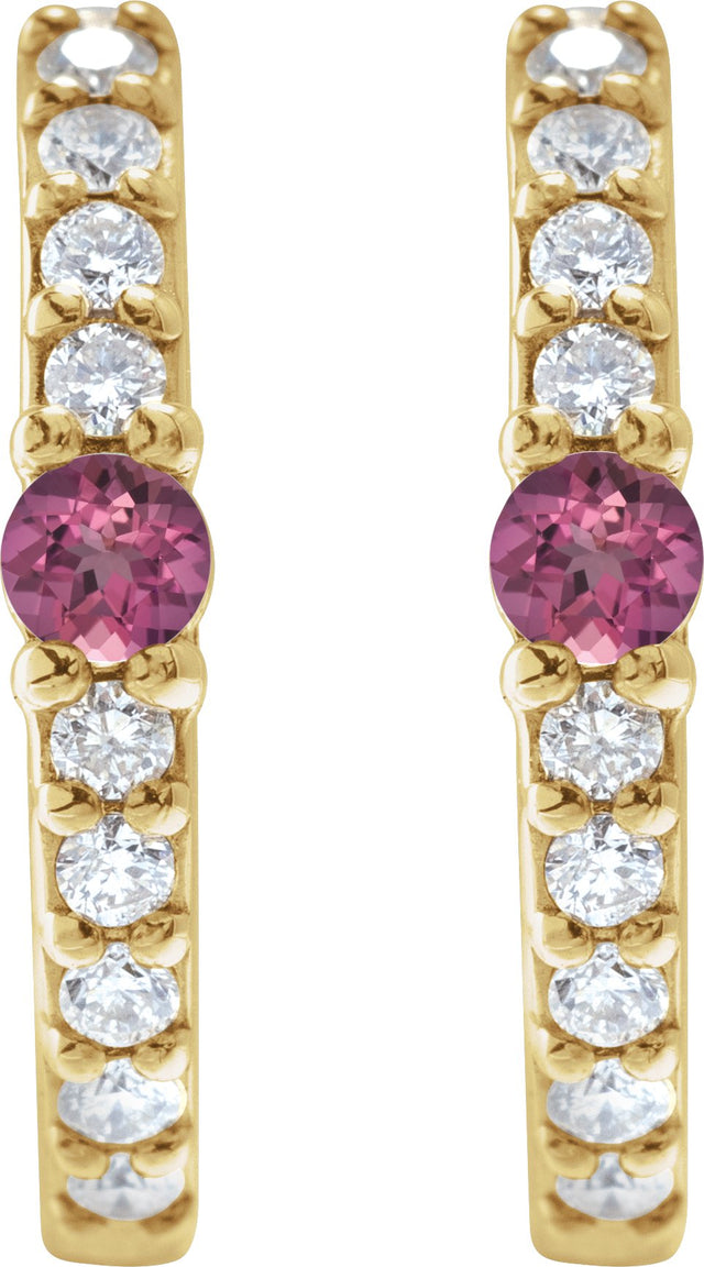 14K Gold Round Natural Pink Tourmaline Accented Hoop Earrings – 2mm Stones - Yellow Gold - view 4