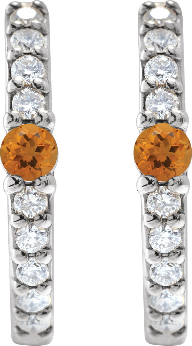 14K Gold Round Natural Citrine Accented Hoop Earrings – 2mm Stones - White Gold - view 4