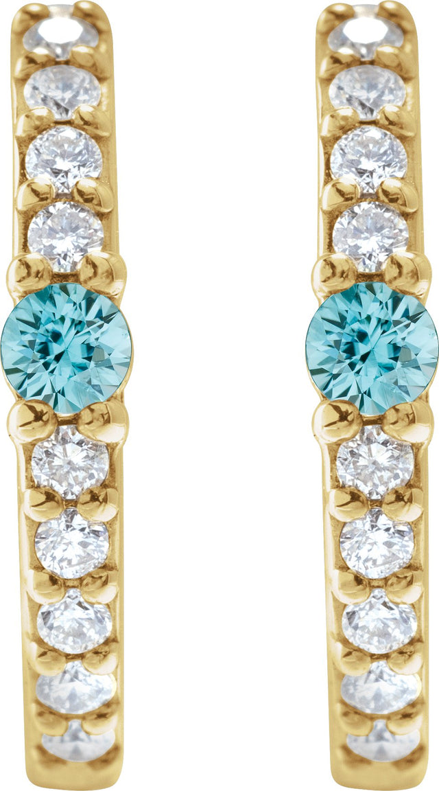 14K Gold Round Natural Blue Zircon Accented Hoop Earrings – 2mm Stones - Yellow Gold - view 4