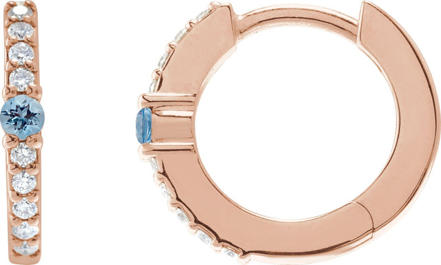 14K Gold Round Natural Aquamarine Accented Hoop Earrings – 2mm Stones - Rose Gold - view 7