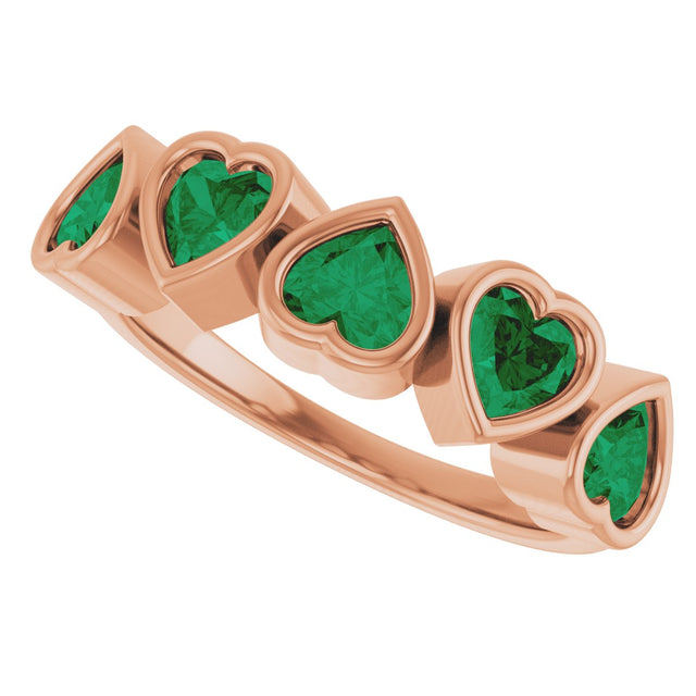 14K Gold Lab-Grown Emerald Five-Stone Heart Ring - Rose Gold - view 10